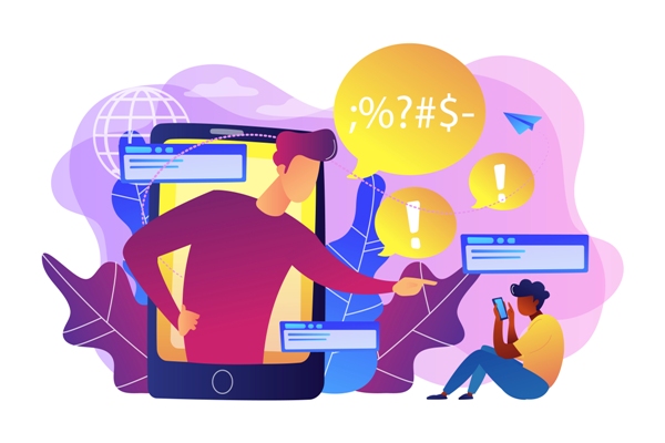 Estafas en redes sociales - Dibujo de personas con chats en teléfono