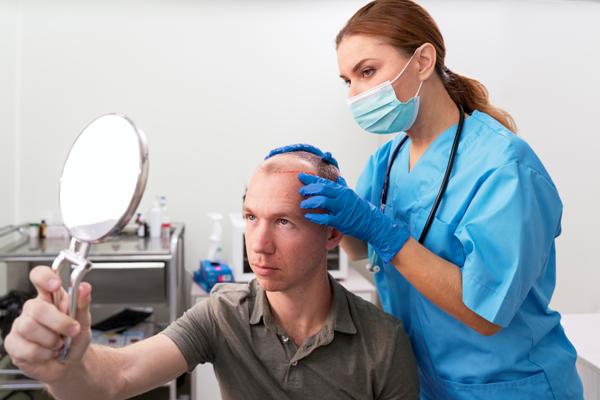 Clínica de injerto capilar - Doctora evaluando a un paciente
