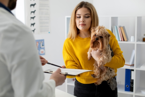 Seguro para tu mascota - Mujer pagando la consulta de su perro