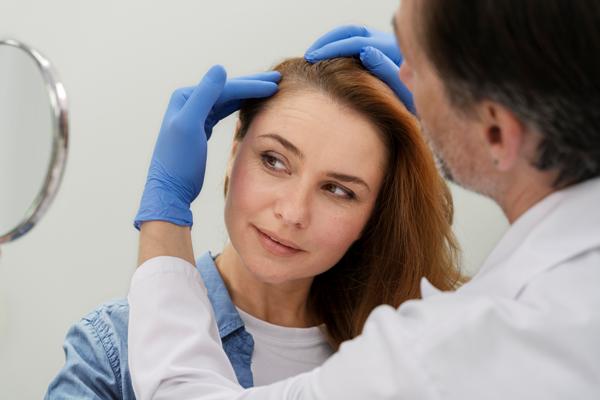 Clínica de injerto capilar - Doctor evaluando el trasplante de cabello en una mujer