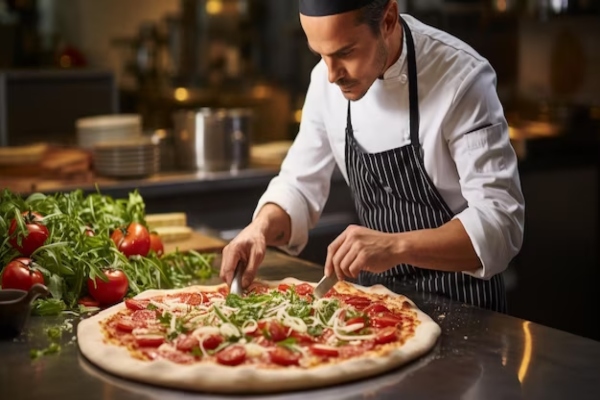 Chef cortando una pizza tradicional italiana, preparada con los mejores ingredientes y el auténtico sabor local