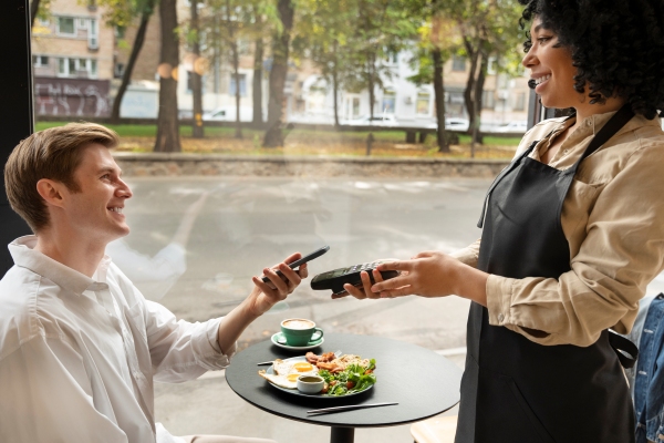 Cliente pagando la cuenta del restaurante a la camarera, muy contento por la atención y calidad de la comida