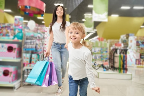 Tiendas para bebés - Mamá paseando con su hija en una tienda para bebés, mientras hacen varias compras