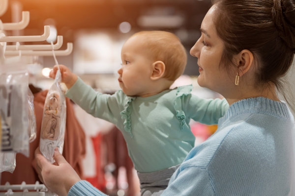 Mamá haciendo compras con su bebé, eligiendo nuevos bodies y prendas que le llaman la atención
