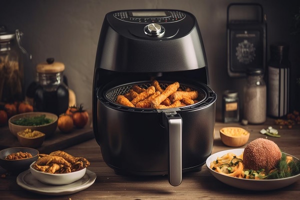 Freidora de aire - Freidora con tenders de pollo crujientes y dorados, rodeada de otros alimentos que ya se cocinaron
