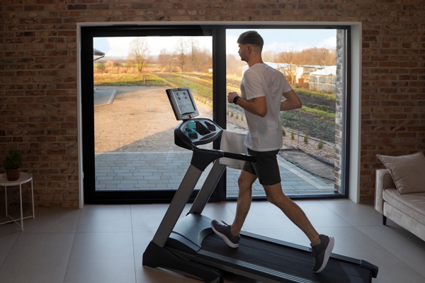 Equipo de entrenamiento - Hombre usando la máquina trotadora para entrenar desde casa