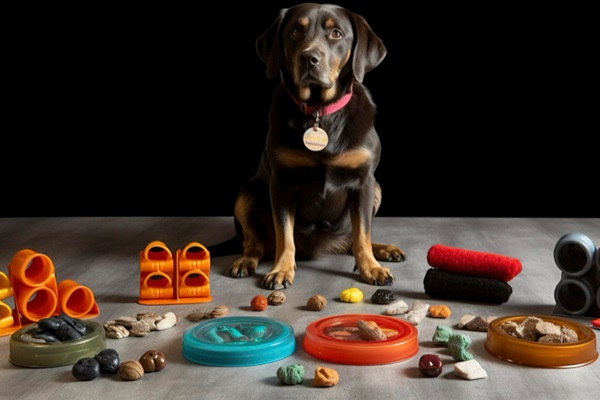 Mejores juguetes para perros - Perro con diferentes juguetes para entretenerse, los cuales ayudan a fortalecer su mandíbula