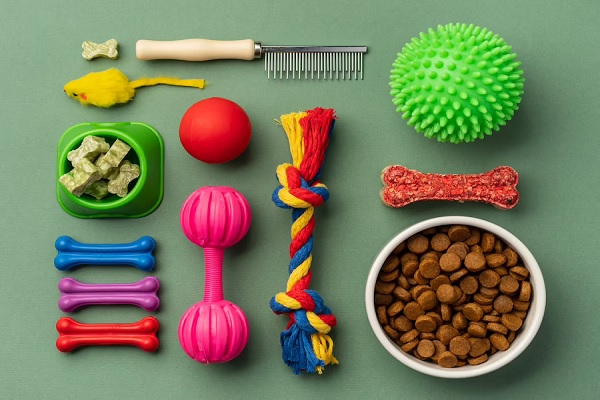 Mejores juguetes para perros - Diferentes juguetes para perro y recipiente con alimento que ayuda al crecimiento de la mascota