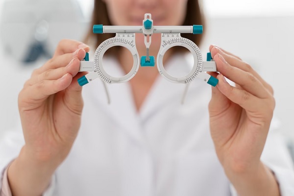 Ópticas en Madrid - Imagen de una optometrista sosteniendo la herramienta que permite realizar un examen de la vista