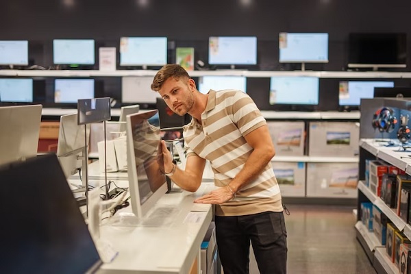 Tiendas de tecnología en Madrid - Hombre viendo monitores para computadoras en una tienda de tecnología