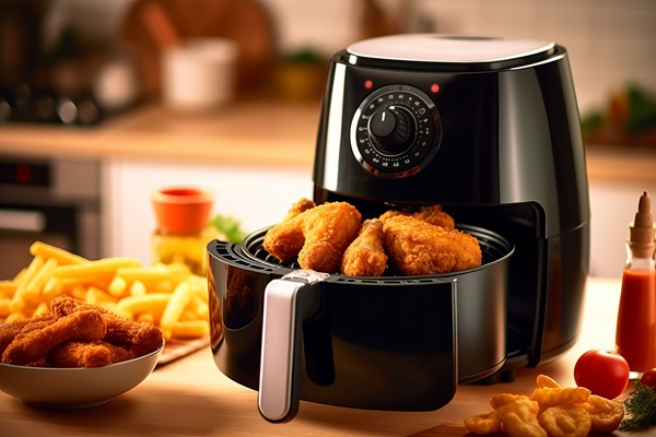Freidora de aire - Cesta de la freidora llena de piezas de pollos que ya están crujientes y doradas, al lado de tenders de pollo y patatas fritas