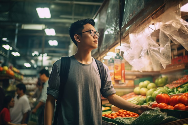 Hombre asiático buscando el producto que necesita en un supermercado asiático de Madrid, con verduras y hortalizas frescas
