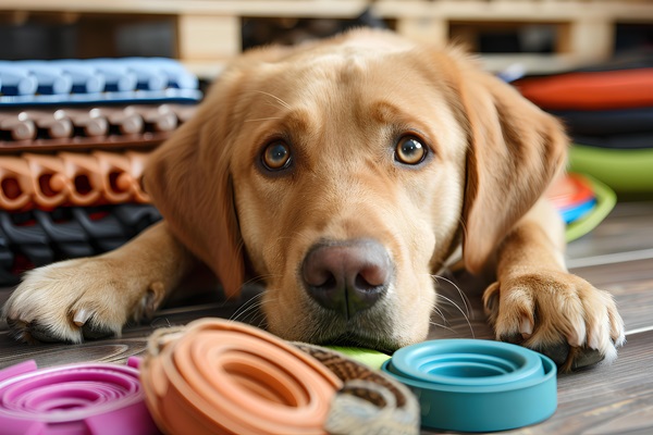 Perro con cara triste porque sus juguetes no lo entretienen, ya que no son adecuados para su edad y tamaño