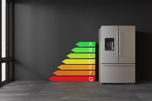 Escoger los electrodomésticos más eficientes - Imagen de una nevera junto a una representación de la etiqueta de eficiencia energética
