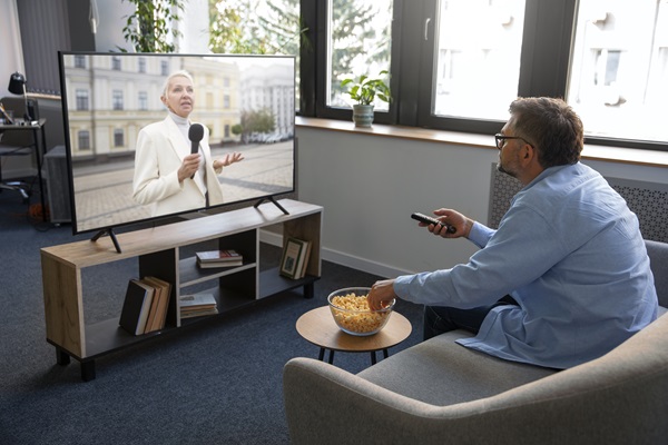 Mejor Smart tv - Hombre viendo un programa de noticias en su televisor inteligente con alto rango dinámico, el cual ofrece una imagen nítida y brillante
