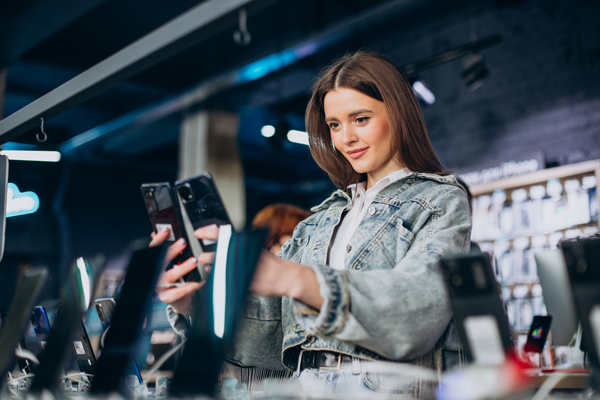 Móviles con mejor cámara - Mujer comparando las cámaras de los móviles en una tienda de tecnología, para comprar el que tenga mejor calidad fotográfica