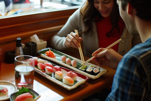 Pareja comiendo varios rolls de sushi con palillos en un restaurante japonés