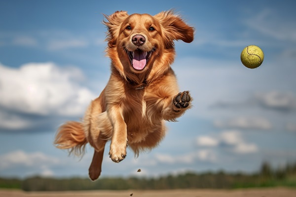 Perro muy feliz jugando con su pelota al aire libre