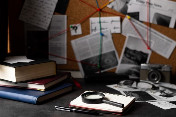 libros recomendados de suspenso - Libreta de notas y tablero de investigación de fondo con artículos y elementos visuales asociados a un crimen