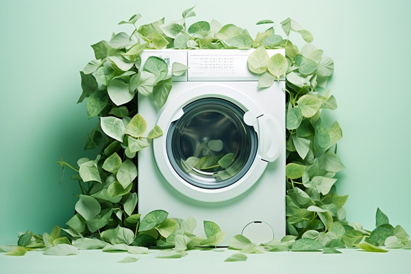 Escoger los electrodomésticos más eficientes - Lavadora con hojas verdes, en referencia a que es amigable con el medio ambiente