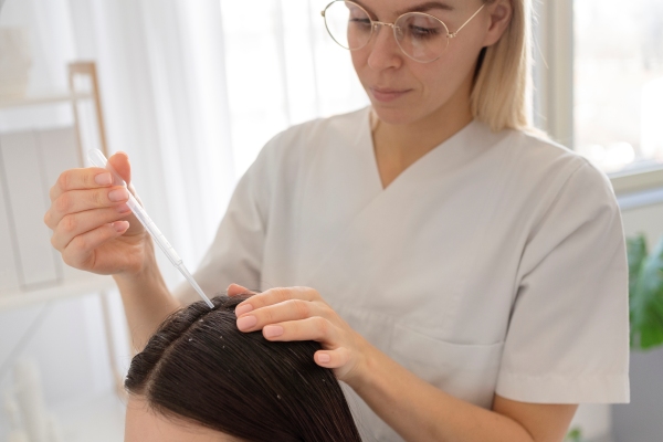 Mejores clínicas capilares en España - Médico especialista aplicando un tratamiento en el cabello de una paciente femenina, para estimular el crecimiento capilar
