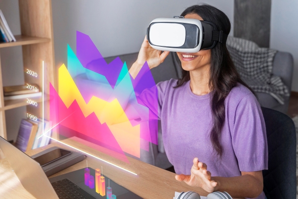 ¿cómo funciona el metaverso? - Estudiante universitaria visualiza una serie de gráficos en su cuarto con ayuda de la realidad aumentada