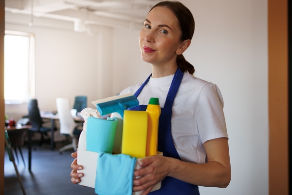 Empresa de servicio de limpieza - Mujer con delantal sostiene un balde con esponjas, desinfectantes y diversos productos de limpieza 