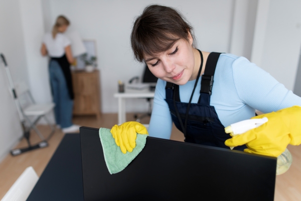 Empresa de servicio de limpieza - Joven con guantes amarillos utiliza un atomizador para remover el polvo del espaldar de una silla 