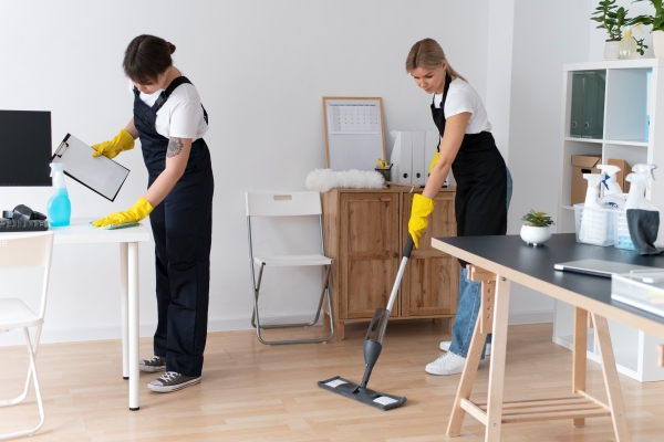 Empresa de servicio de limpieza - Trabajadoras de limpieza usan diversas herramientas para remover el polvo y la suciedad de los distintos rincones de una oficina 