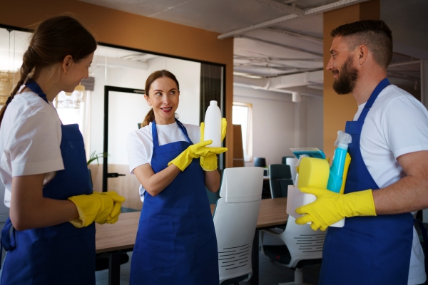 Empresa de servicio de limpieza - Mujer pelirroja le presenta a sus compañeros de trabajo un nuevo producto que hará más fácil el cuidado y el mantenimiento de diversos espacios 