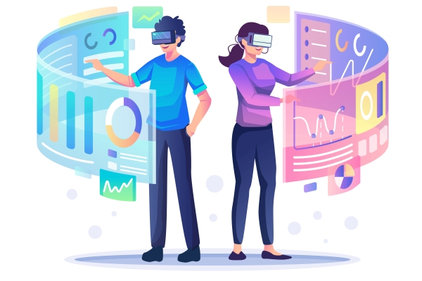 ¿Cómo funciona el metaverso? - Representación gráfica de jóvenes realizando diversas tareas con gafas de realidad virtual y de realidad aumentada