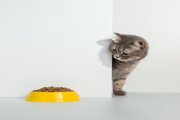 Comida para gatos - Gato escondido observando un recipiente con comida especial para gatos, la cual le aporta los nutrientes y vitaminas necesarios