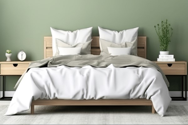Colores en tendencia - Imagen de un dormitorio con la pared pintada de color verde y los accesorios de la cama en color blanco, para crear un espacio de descanso tranquilo