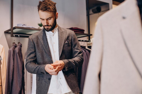 Ropa elegante de hombre - Hombre midiéndose una chaqueta elegante para conseguir un look sostificado y exclusivo