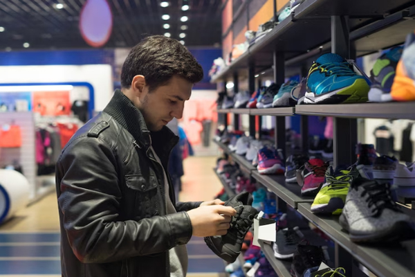 Tiendas de artículos deportivos - Hombre observando diversos modelos de zapatillas para encontrar el adecuado en una de las mejores tiendas deportivas en Madrid
