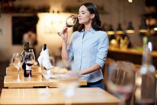 Mejores vinos de España - Sommelier femenina cata una copa de vino en las instalaciones de un restaurante en Madrid