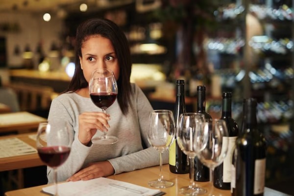 Mejores vinos de España - Mujer con copa en mano aprecia el aroma de un buen vino en los mejores restaurantes de Madrid