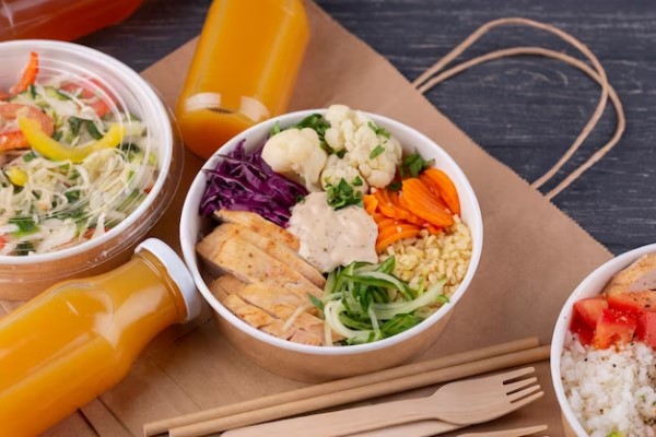 Propuestas gastronómicas 2024 - Vista general de trío de pokes con jugo, ensalada, pechuga de pollo, aderezo y coliflor