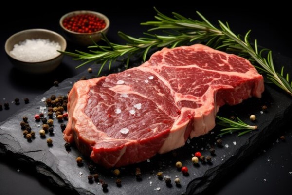 Propuestas gastronómicas 2024 - Plano detalle de un filete de costilla fresco sobre fondo oscuro y con condimentos a los lados