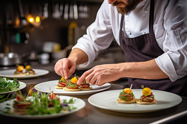 Restaurantes favoritos de los chefs - Cocinero termina la decoración de un plato de comida para degustaciones en un restaurante de Madrid