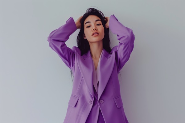 Mujer posando con una chaqueta de color violeta lavanda, la cual le brinda un estilo elegante y sostificado