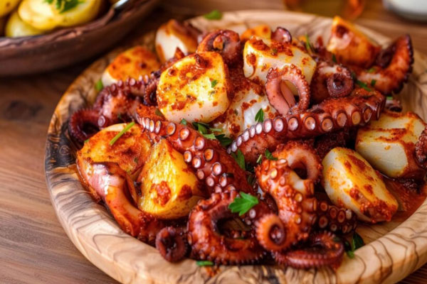 Vista de un suculento plato de pulpo a la gallega originario de Galicia