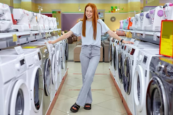 Tiendas de lavadoras en España - Mujer joven evalúa distintas opciones antes de comprarse una nueva lavadora en Madrid