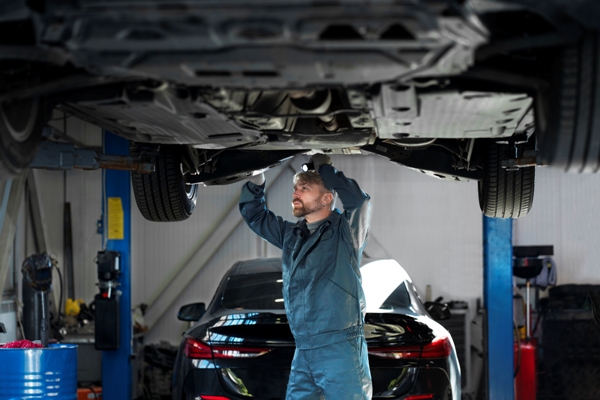 Talleres mecánicos - Mecánico especialista revisa la parte inferior de un coche elevado con una grúa en el mejor taller mecánico de Madrid