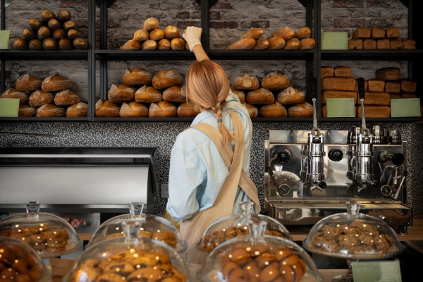 Panaderías - Mujer agarra una barra de pan en el mostrador de una panadería en Madrid
