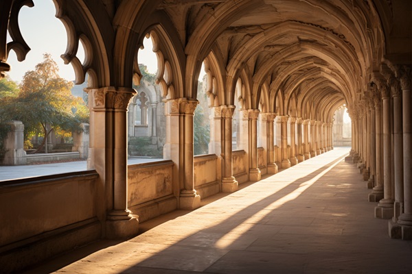 Rayos de sol atraviesan el interior de un pasillo con arcos en una construcción antigua