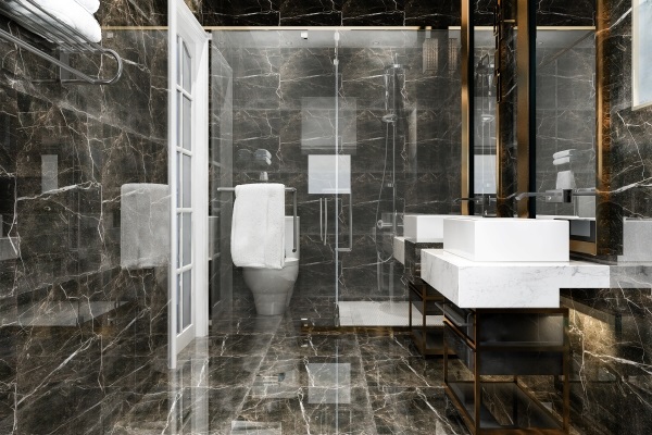 Tendencias de azulejo de baño - Baño con azulejos de mármol en color piedra con acabados brillantes