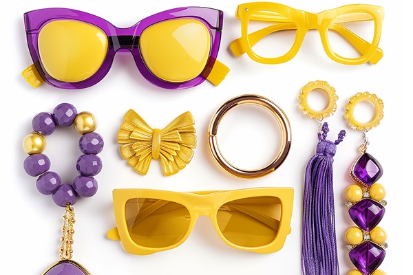 Lentes de color fucsia y amarillo junto a accesorios de moda sobre una mesa blanca