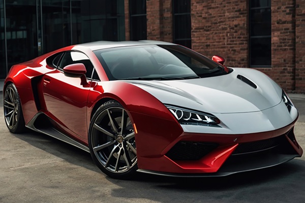 Alquiler de coches de lujo - Coche de lujo marca Lamborghini color rojo y gris con rines plateados de gran tamaño en Barcelona