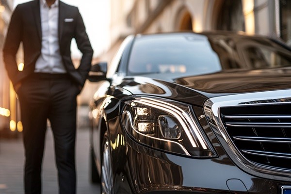 Alquiler de coches de lujo - Hombre con traje negro parado al lado de un coche de lujo tipo sedán marca Mercedes Benz alquilado en Barcelona
